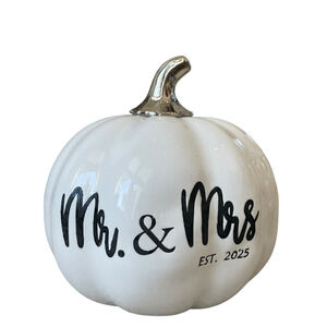 Martha Stewart MR. & MRS. EST 2025 Ceramic Pumpkin 11in White Silver Stem NEW